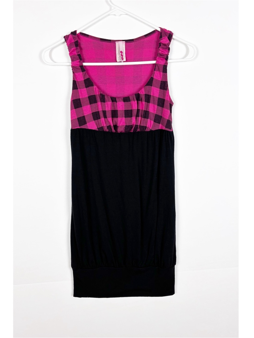 Vintage Y2K 579 Tunic Top Pink Black Plaid Empire Waist Size XS Sleeveless